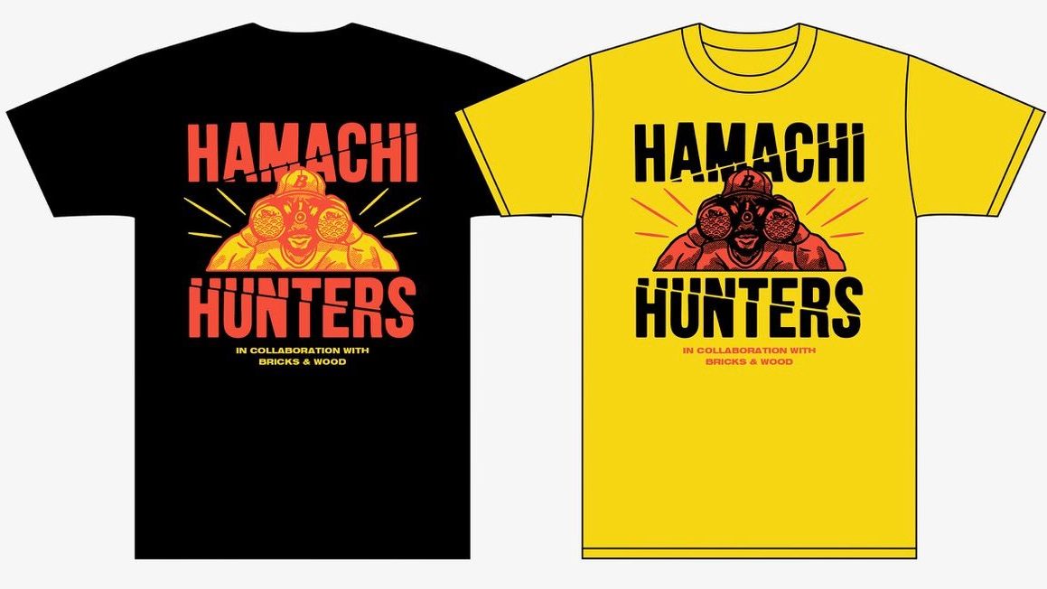 Hamachi Hunters tees, black and yellow, in collaboration with Bricks & Wood
