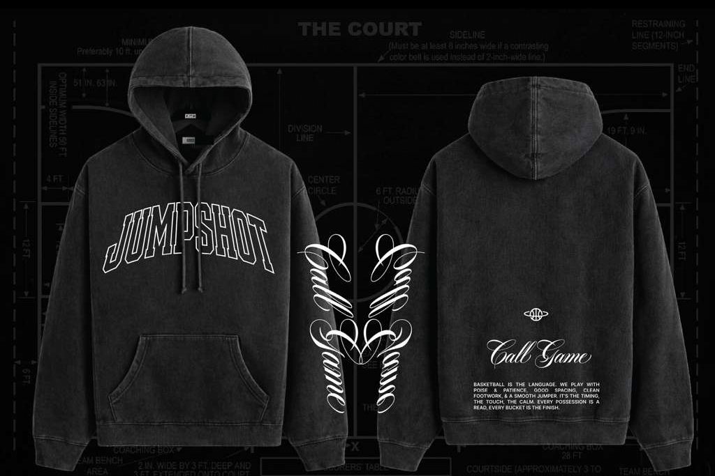 Jumpshot hoodie, front and back, washed black with arched logo and Call Game script